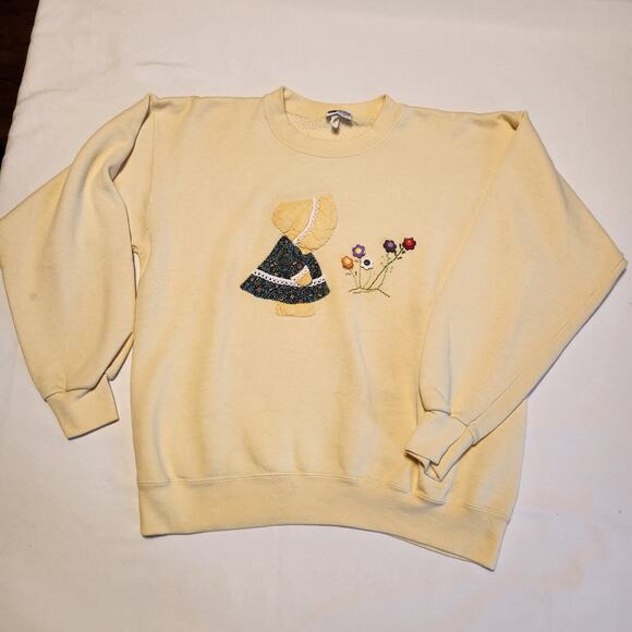 VTG 90s Prairie Girl Flowers Crewneck Sweatshirt Sz L Butter Yellow Cottagecore - Picture 5 of 10